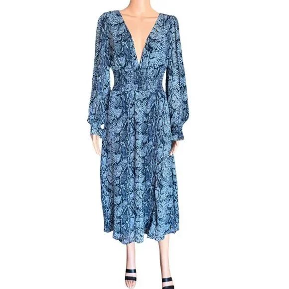 Reformation Aries Midi Dress Blue Snakeskin Smocked Plunge Long Sleeve Small - Picture 3 of 8